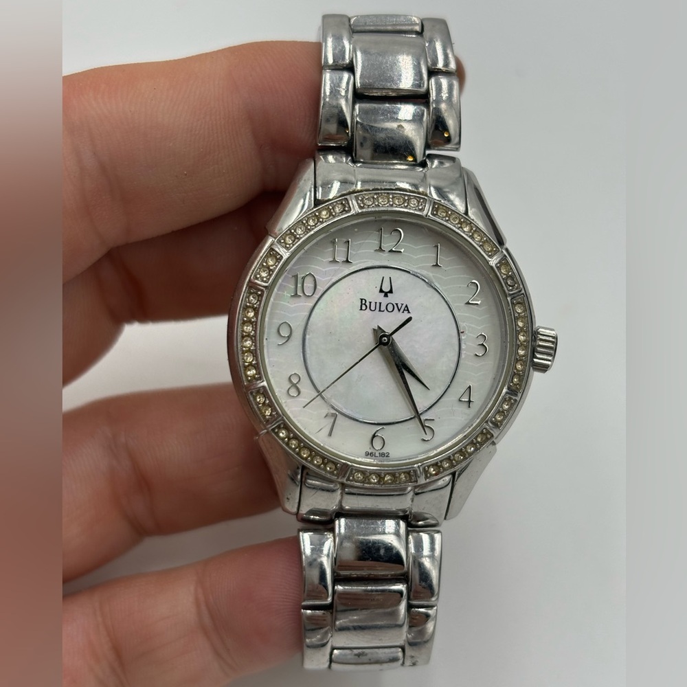 BULOVA Crystal Bezel White MOP Dial Stainless Steel Silver Bracelet Watch